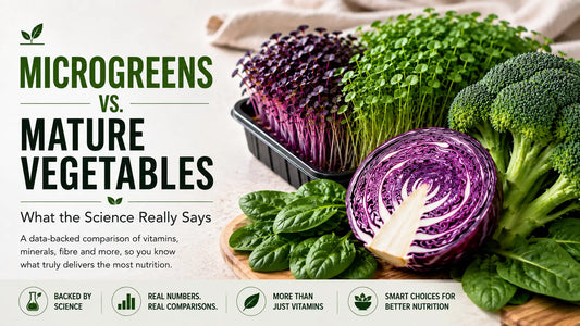 Microgreens compared with mature vegetables including broccoli, red cabbage and spinach for vitamins, minerals, fibre and overall nutrition.