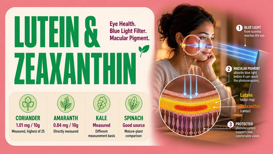 Lutein and zeaxanthin infographic showing microgreen sources and how macular pigments help filter blue light in the eye