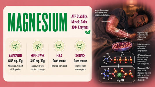 Magnesium infographic showing microgreen sources with a sleeping person and visuals of relaxed muscles mitochondria and ATP