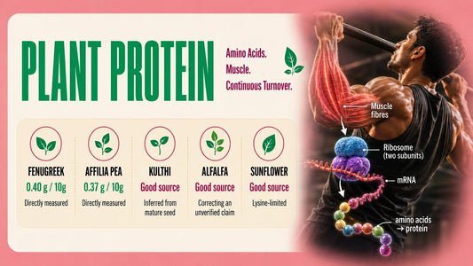 Plant protein infographic showing microgreen protein sources with muscle fibres ribosomes amino acids and a person doing a pull up