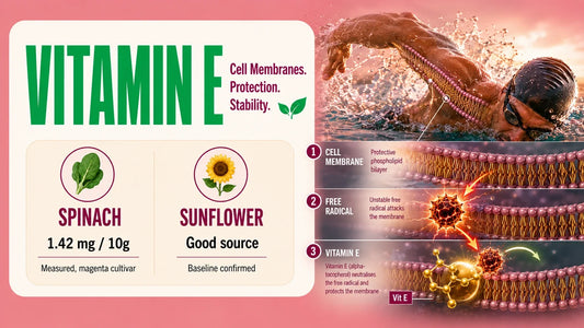Vitamin E infographic showing spinach and sunflower as microgreen sources, alongside a swimmer and a visual explaining how vitamin E helps neutralise free radicals and protect cell membranes.