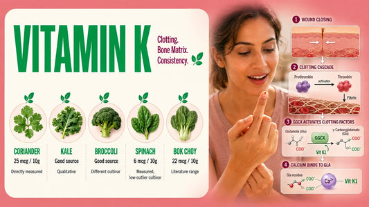 Vitamin K infographic showing microgreen sources and how vitamin K supports normal blood clotting and wound healing