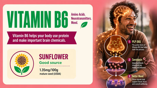 Vitamin B6 infographic showing its role in protein use and brain chemicals with sunflower as a good source