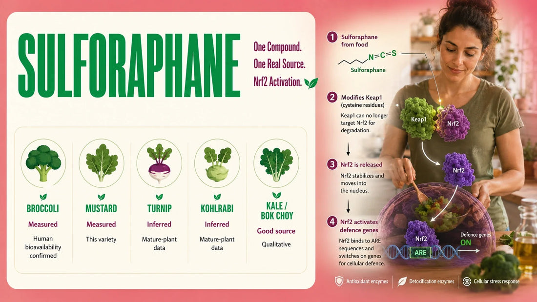Sulforaphane infographic showing food sources and how it activates Nrf2 to support cellular defence genes